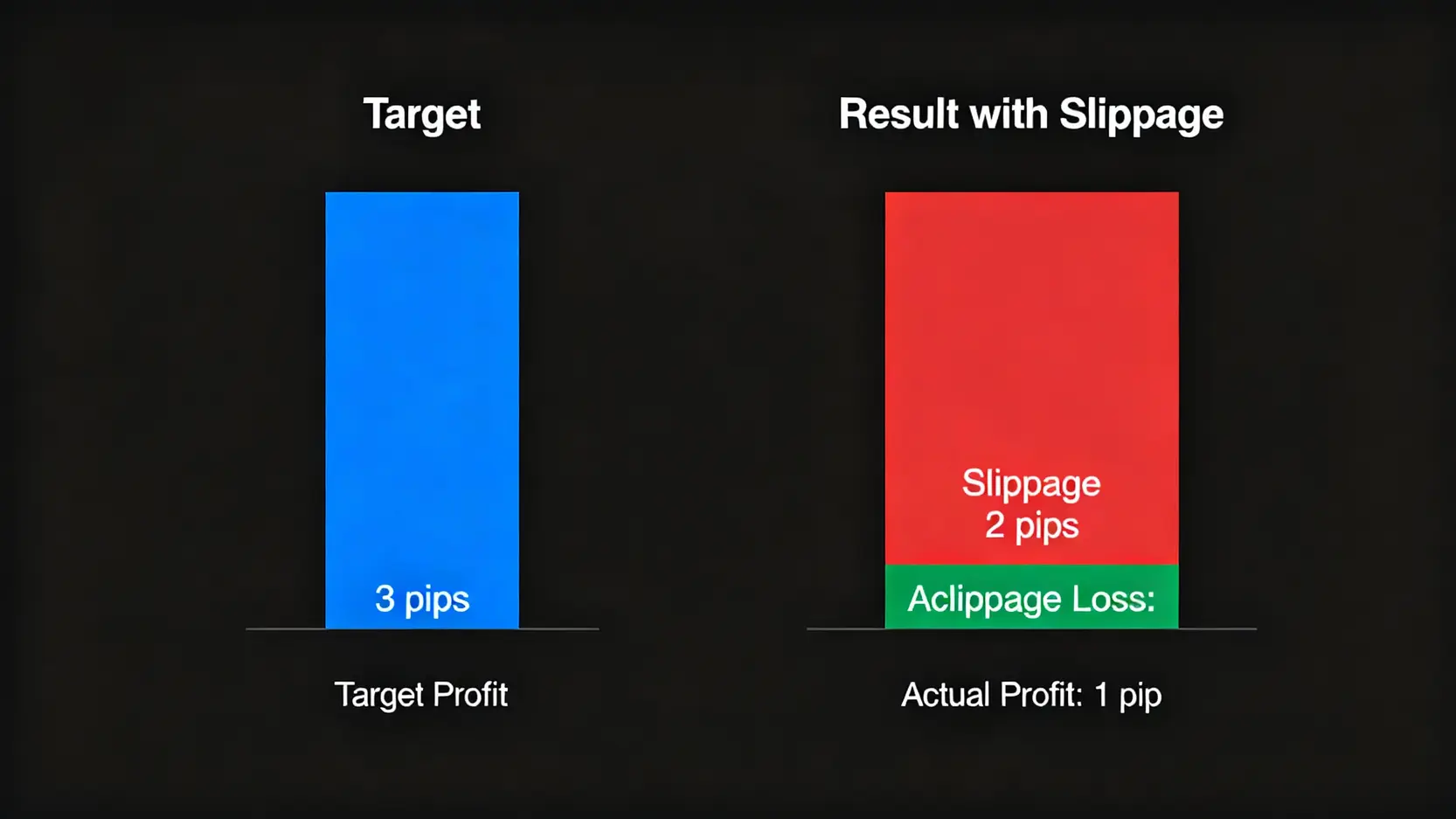スキャルピングEAの利益がスリッページによって減少する様子を示したグラフ。目標利益3pipsに対し、2pipsのスリッページで実際の利益が1pipになることを示している。