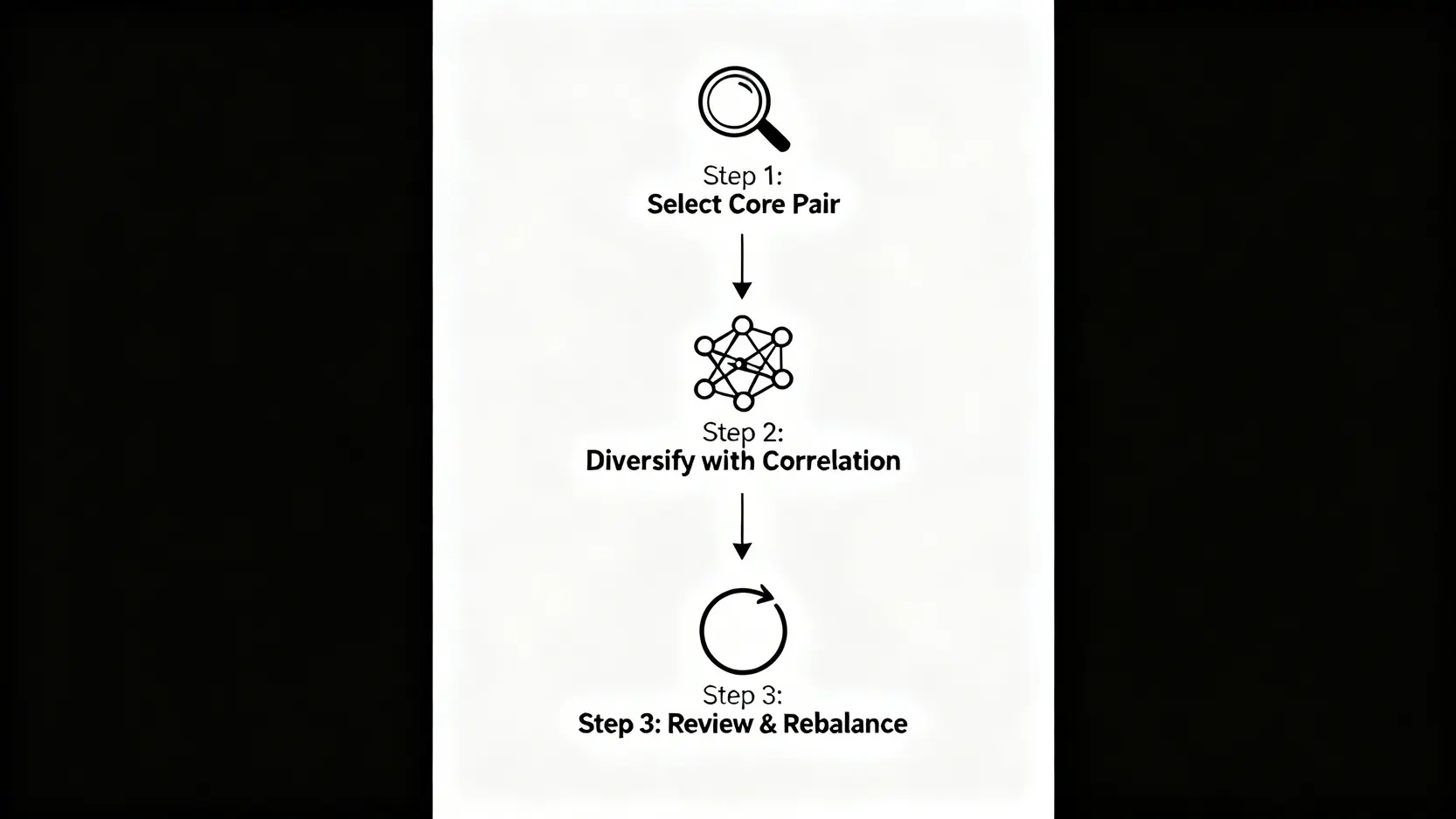 リスク分散ポートフォリオ構築の3ステップを示すフローチャート。ステップ1：コア通貨ペアの選定、ステップ2：相関関係による分散、ステップ3：定期的な評価と調整。