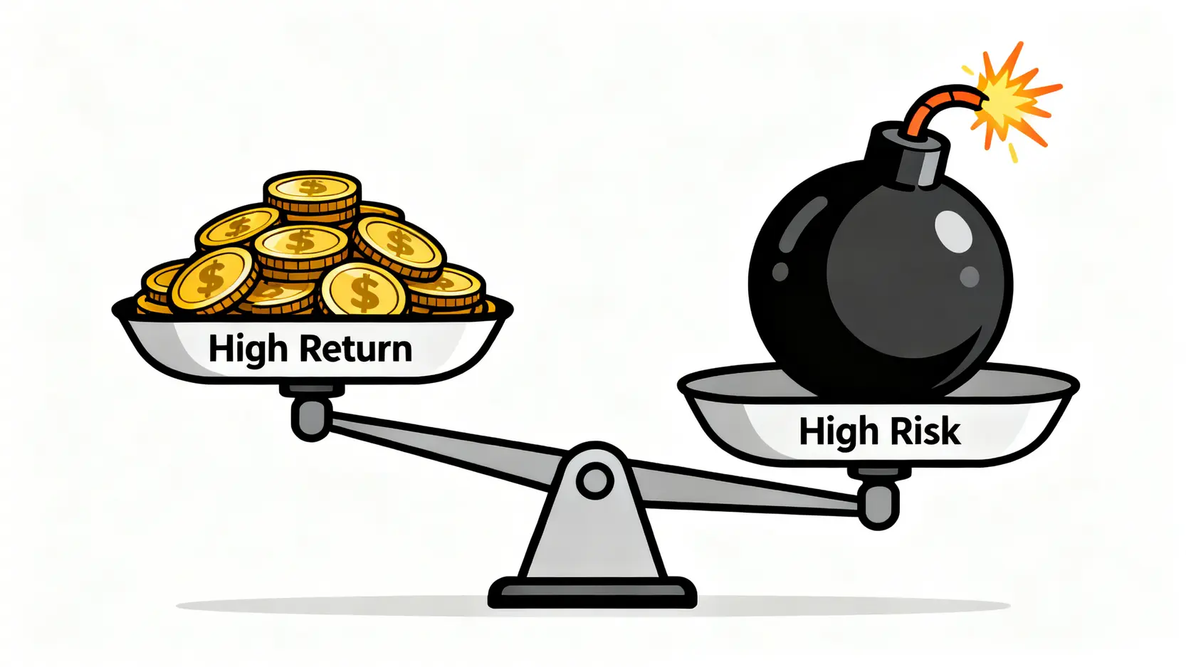 ハイリスク・ハイリターンを表現する天秤のイラスト。片方には金貨の山（ハイリターン）、もう片方には爆弾（ハイリスク）が乗っており、リスクの重さを示している。