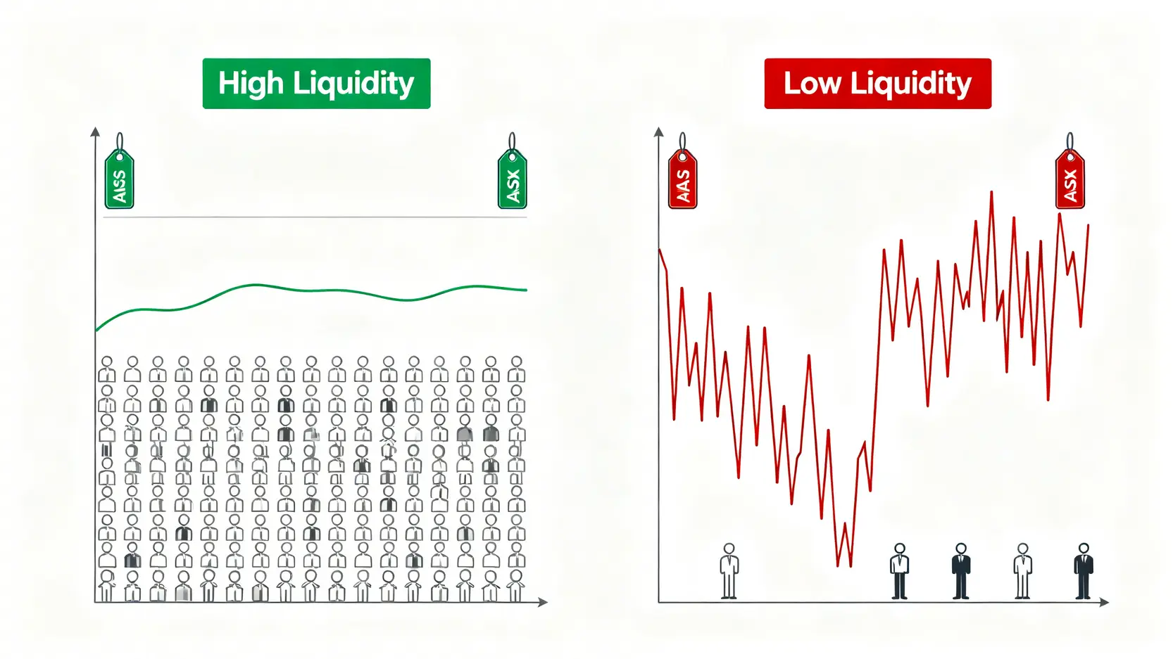 FXにおける高流動性と低流動性の比較図。高流動性はスプレッドが狭く安定しているのに対し、低流動性はスプレッドが広く不安定な様子を示している。