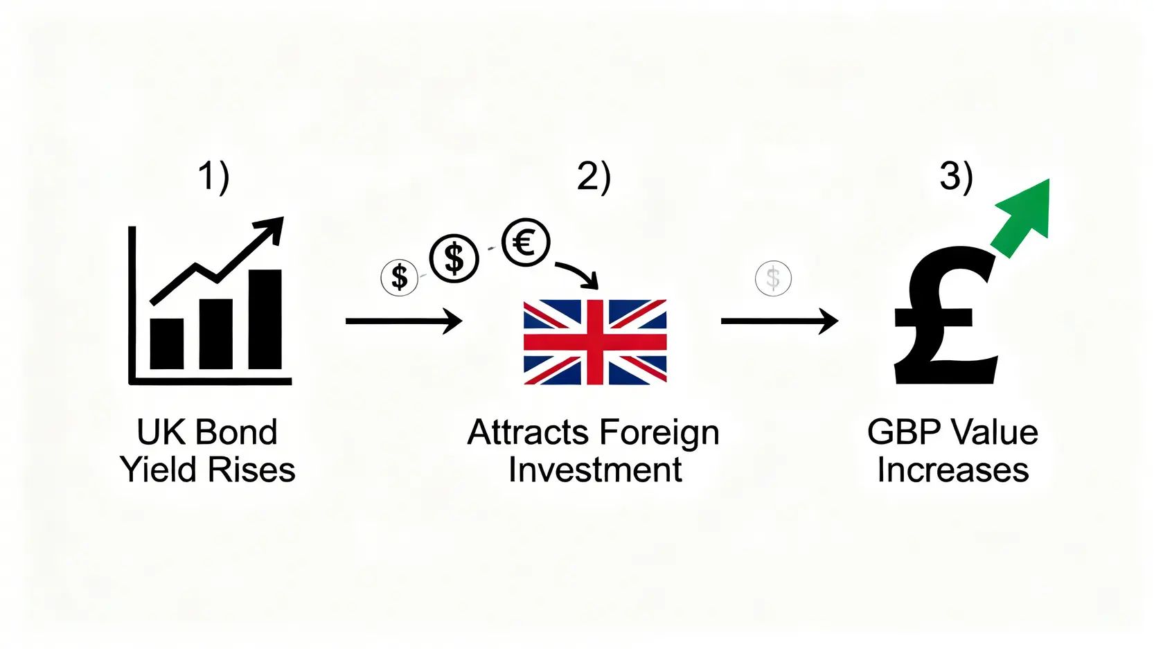 英国債利回りの上昇が英ポンド高につながるプロセスを示したフローチャート