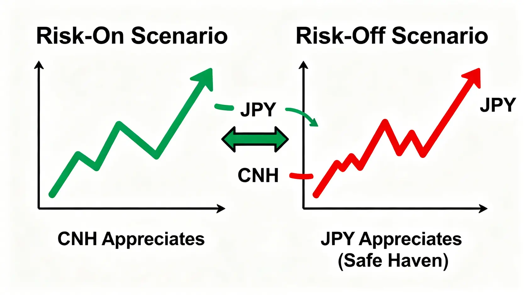 リスクオンとリスクオフのシナリオにおけるCNH/JPY通貨ペアの値動きを示す図
