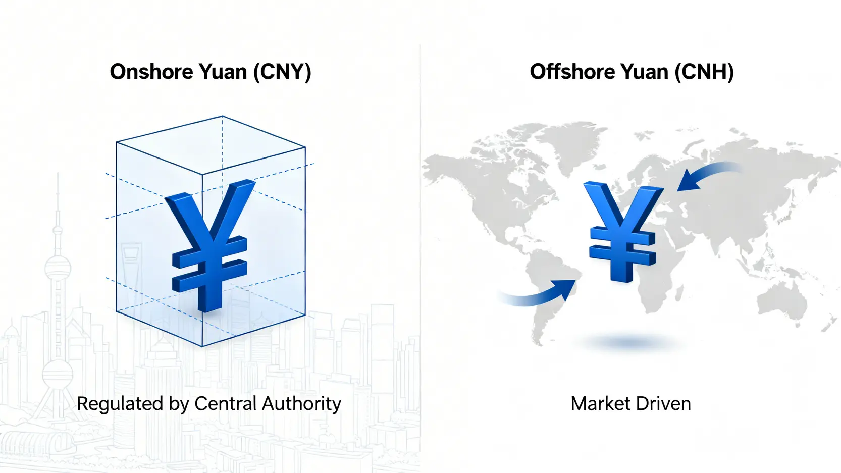 オンショア人民元(CNY)とオフショア人民元(CNH)の違いを示す比較図