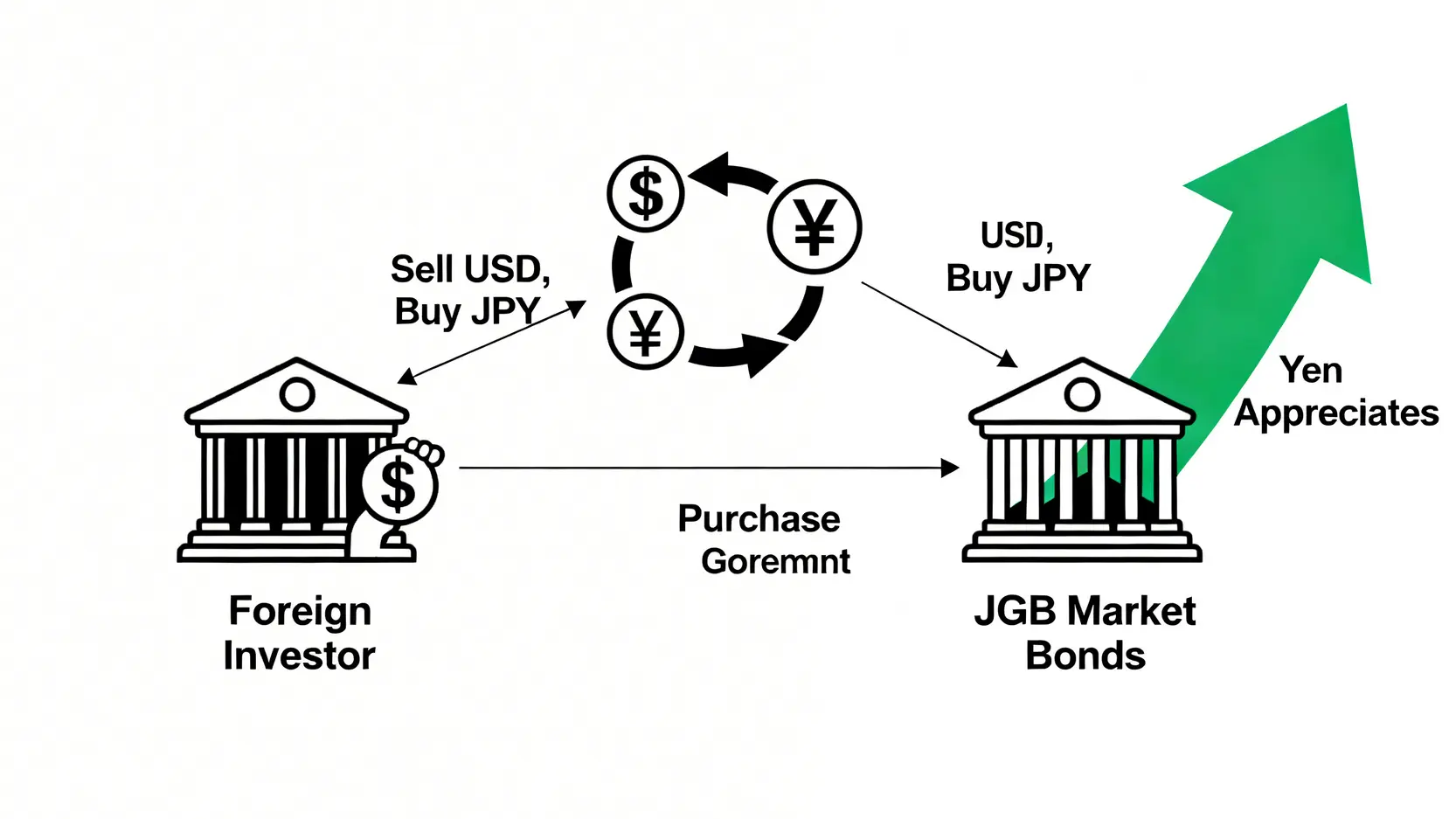 外国人投資家による日本国債の購入が円高につながるプロセスを示すフローチャート。米ドル売り・円買いから債券購入に至る連鎖を説明しています。
