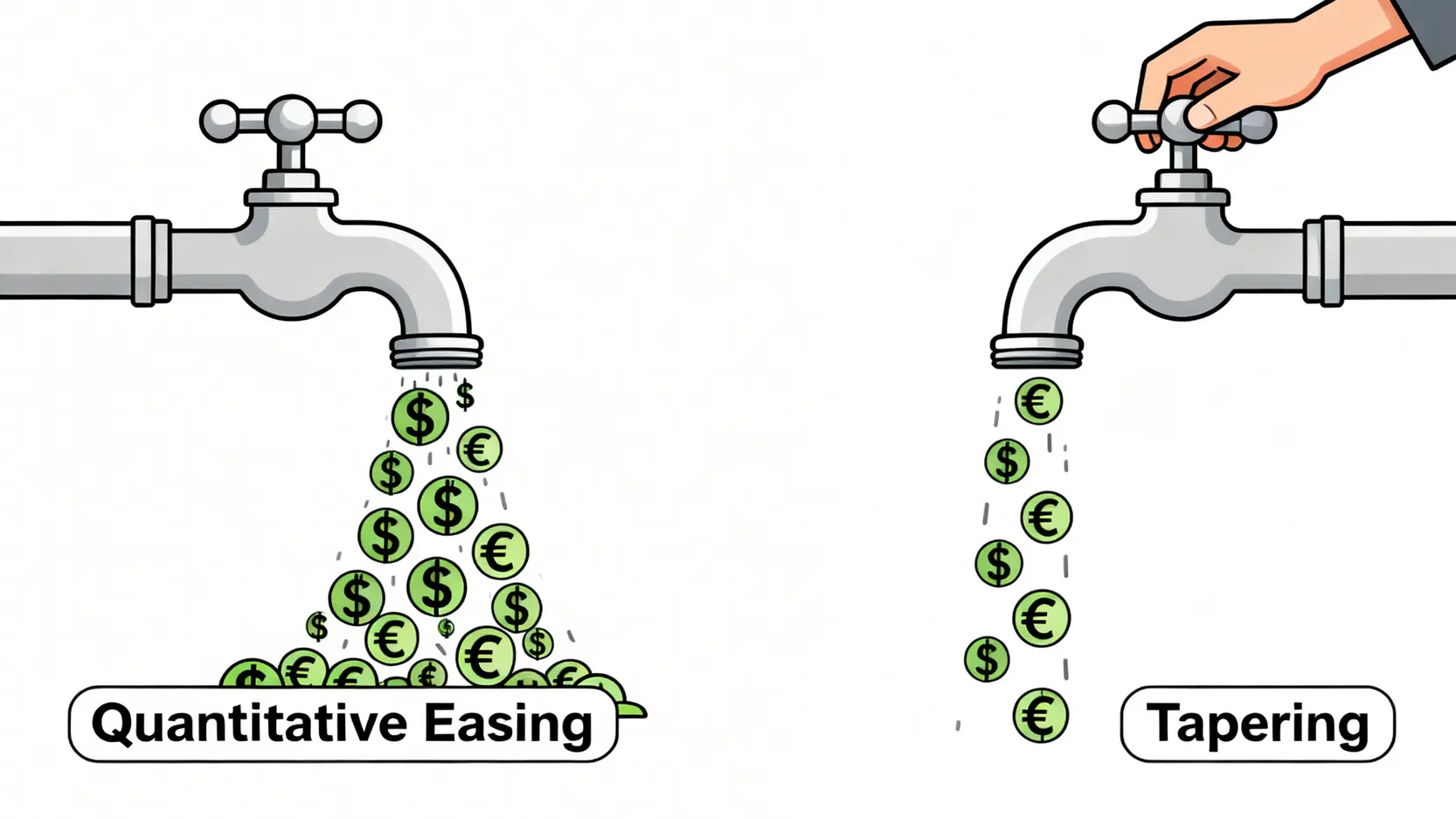 量的緩和(QE)とテーパリングの概念図。蛇口に例えて、マネーサプライの増加と減少を説明しています。