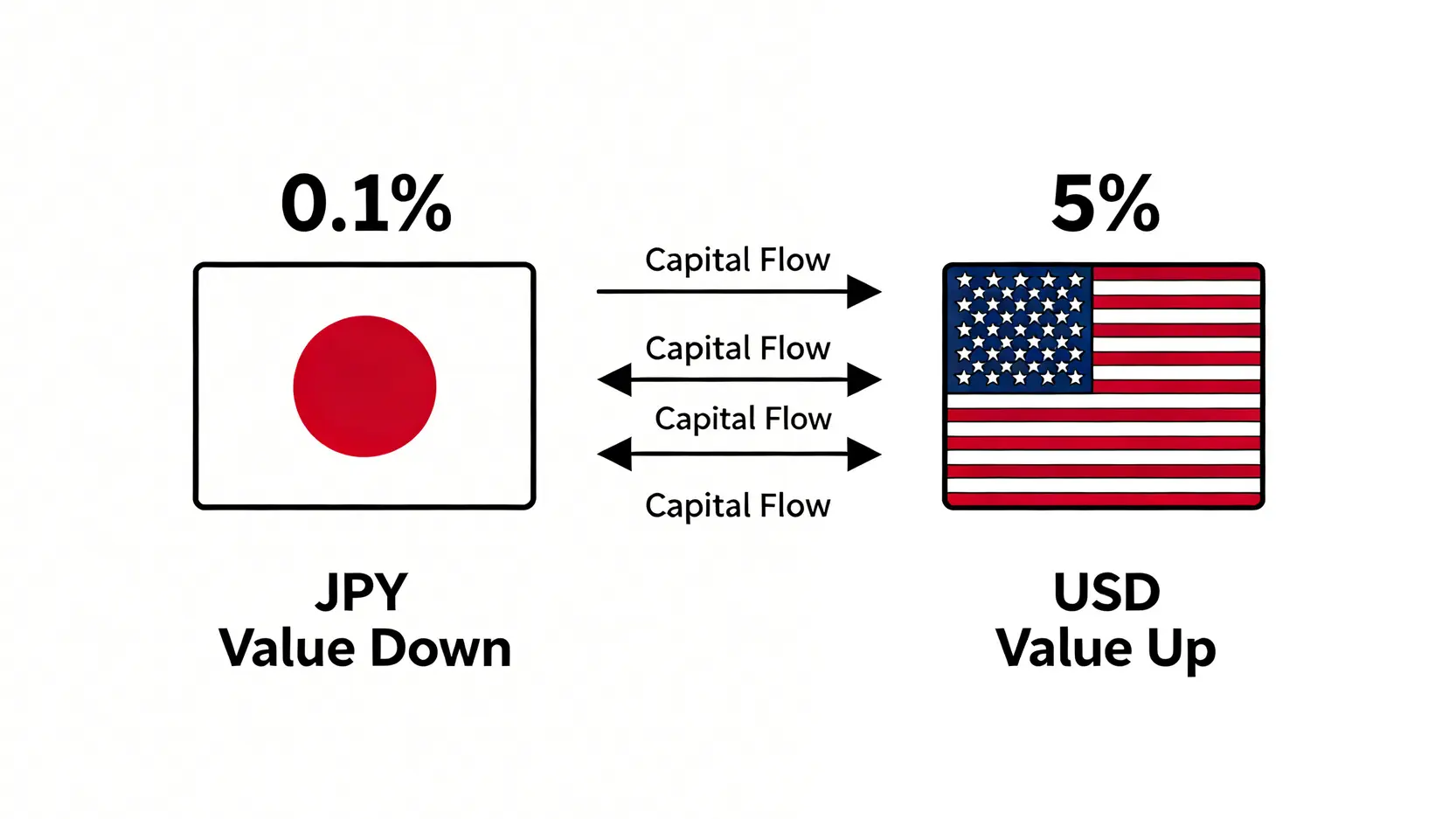 低金利通貨から高金利通貨への資本移動を示す図。資金が低金利国（例：日本）から高金利国（例：米国）へと流れ、高金利通貨の価値を押し上げる様子を描いています。