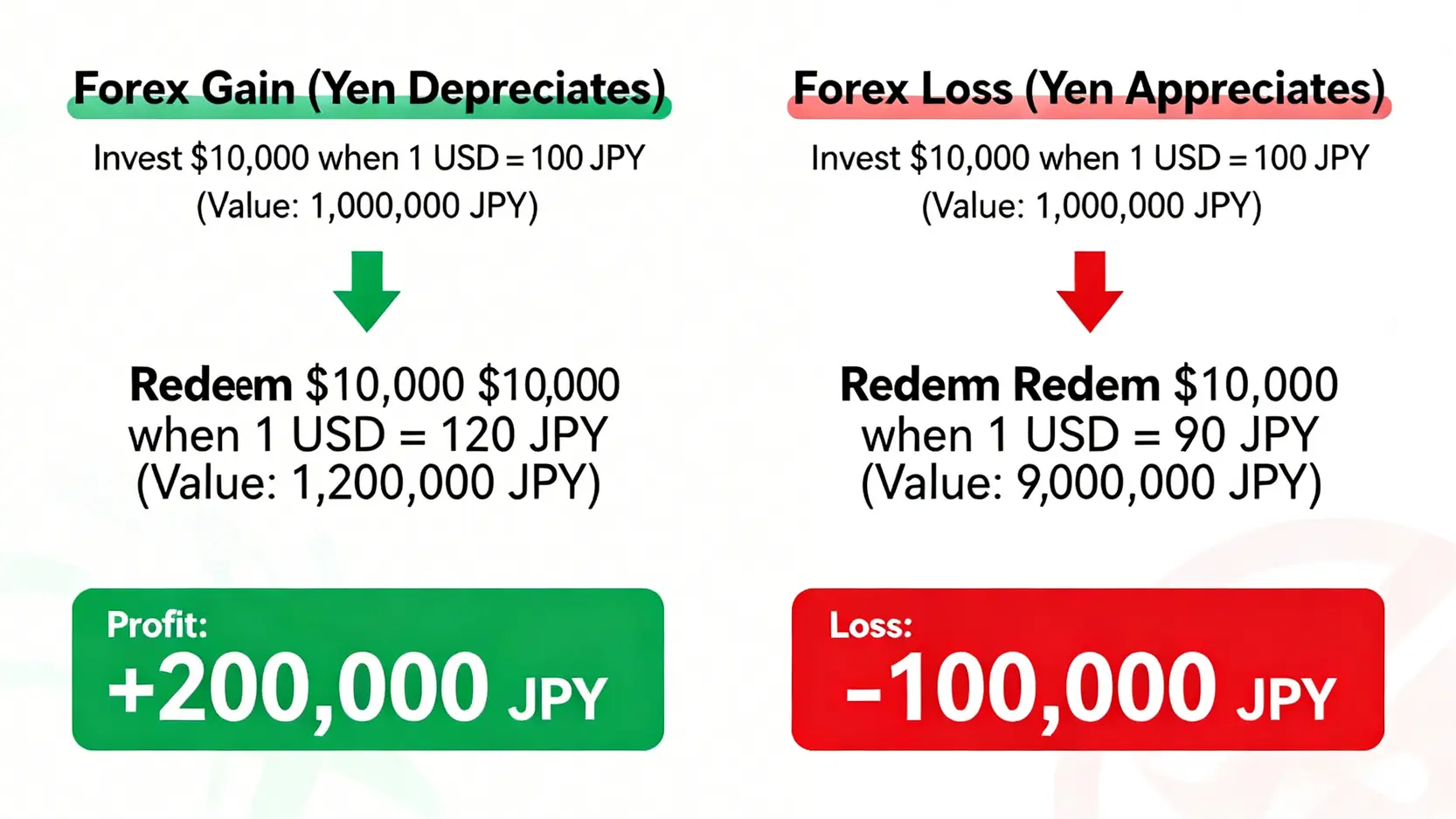 円安と円高が外貨建て債券投資の損益に与える影響を、具体的な数値を用いて比較した図。