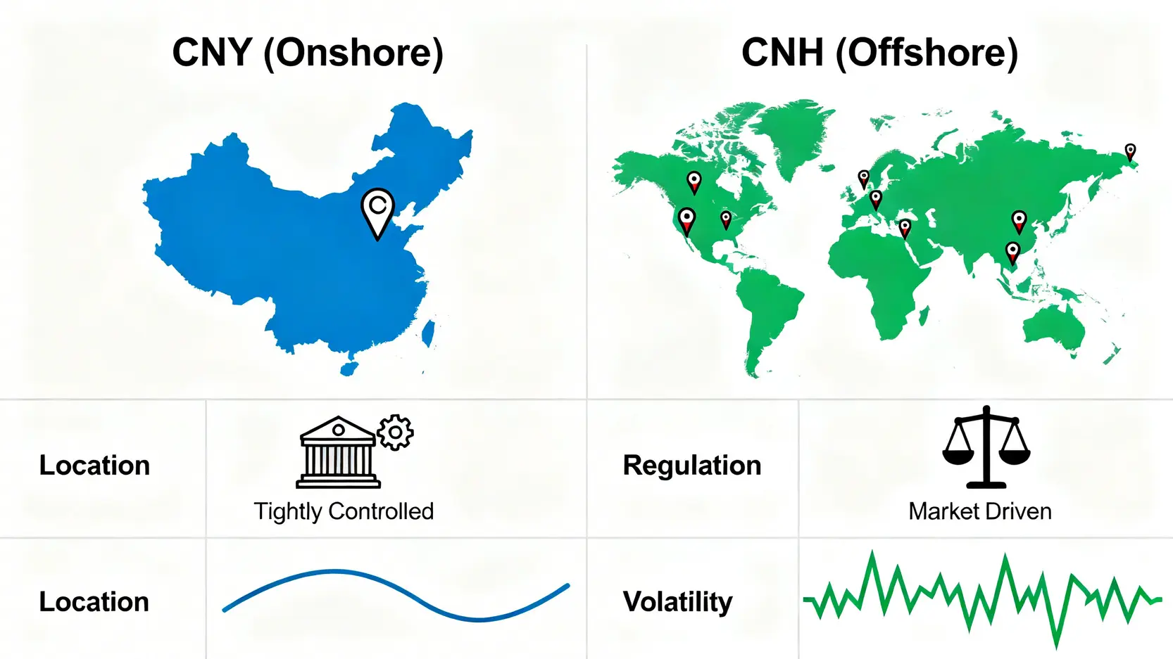 オンショア人民元(CNY)とオフショア人民元(CNH)の主な違いを比較した図。