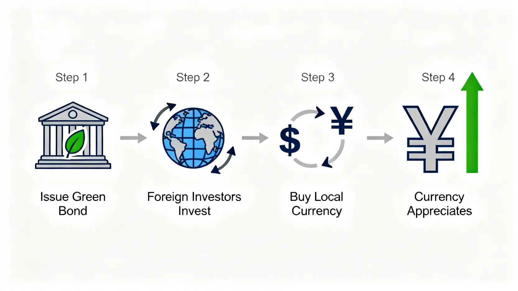 グリーンボンド発行による海外からの資金流入と、それに伴う自国通貨高のメカニズムを示したフローチャート。