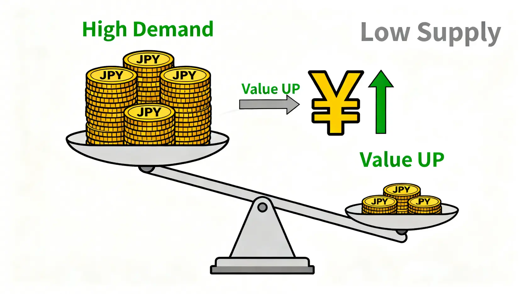 通貨の需要と供給が為替レートに与える影響を説明する天秤の図。需要が供給を上回ると通貨高になることを示しています。
