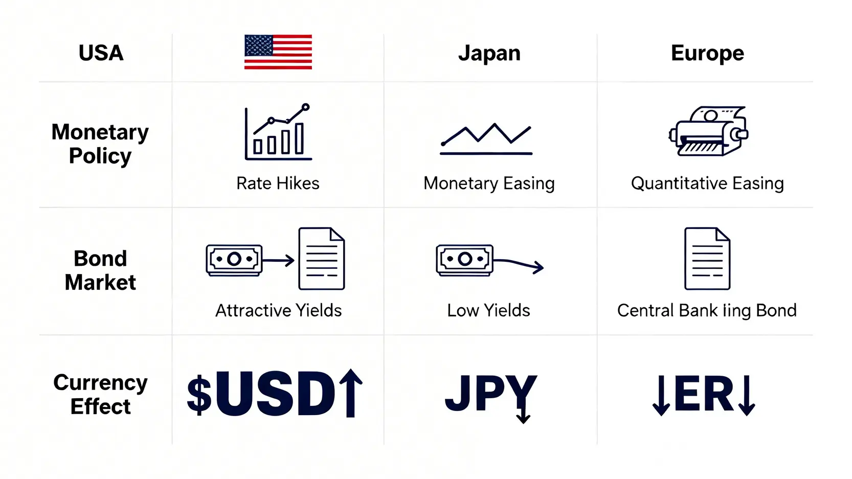 米国、日本、欧州の金融政策、債券市場、為替レートへの影響を比較した図。