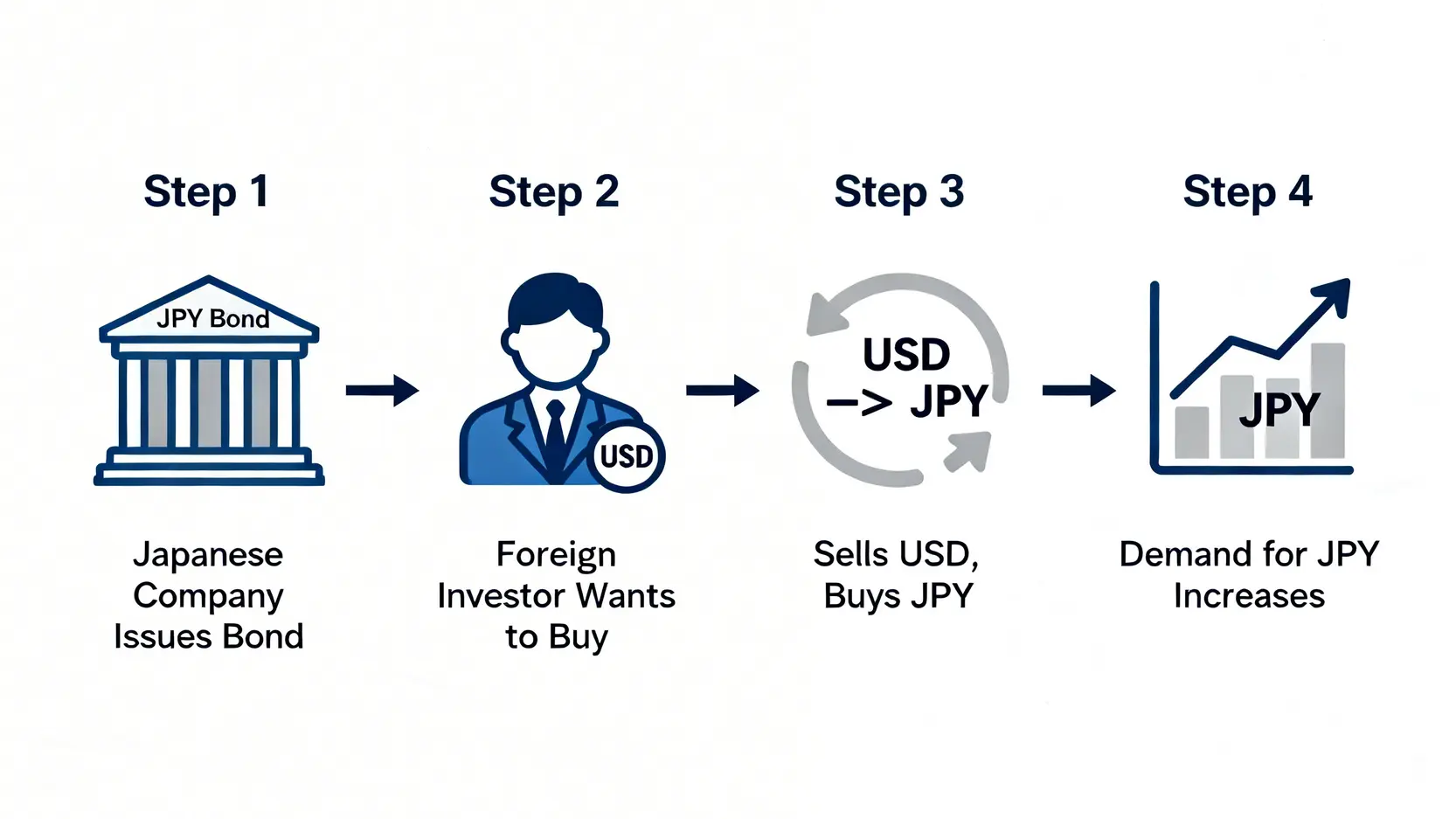 海外投資家による日本社債の購入が円需要を生み出すプロセスを示したフローチャート。