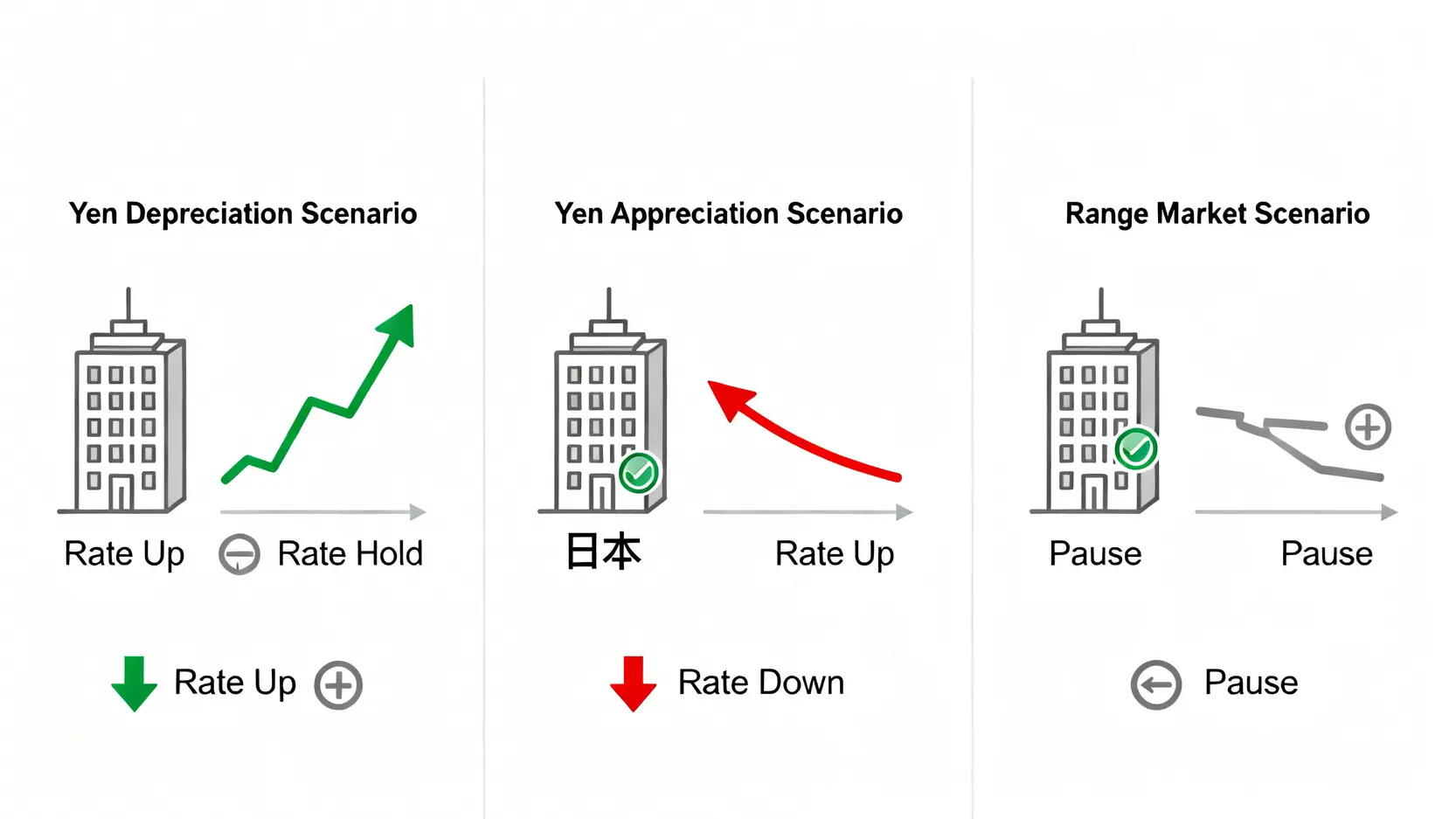 今後の円相場の3つのシナリオ(円安、円高、レンジ相場)を図解したもの。