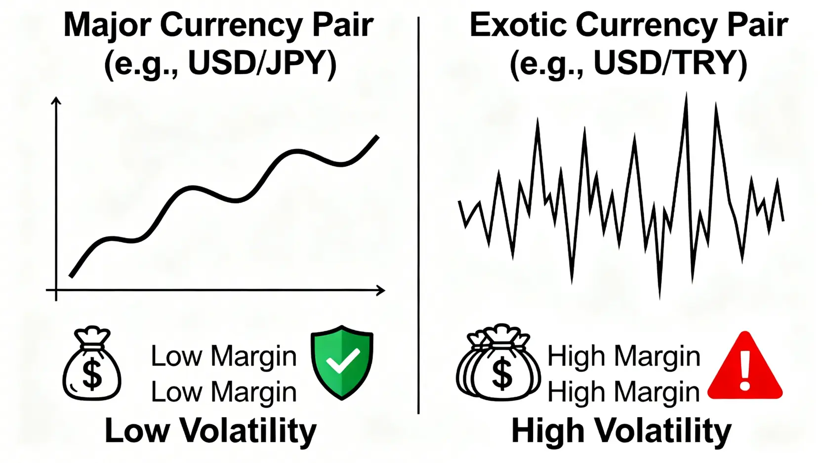 主要通貨ペアとエキゾチック通貨ペアの変動性と必要証拠金を比較した図。