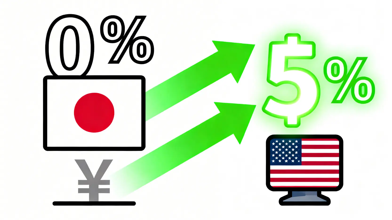 金利差による資本移動を示す図。低金利の円から高金利のドルへ資金が流れ、ドル高につながる様子を表しています。