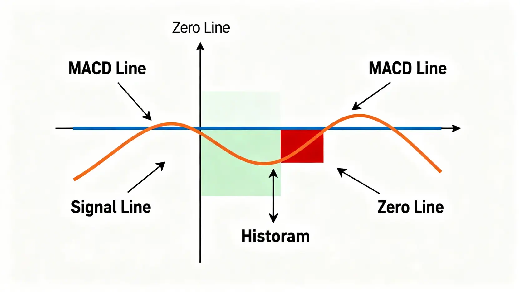 MACD指標の3つの主要な構成要素（MACDライン、シグナルライン、ヒストグラム）を解説する図。