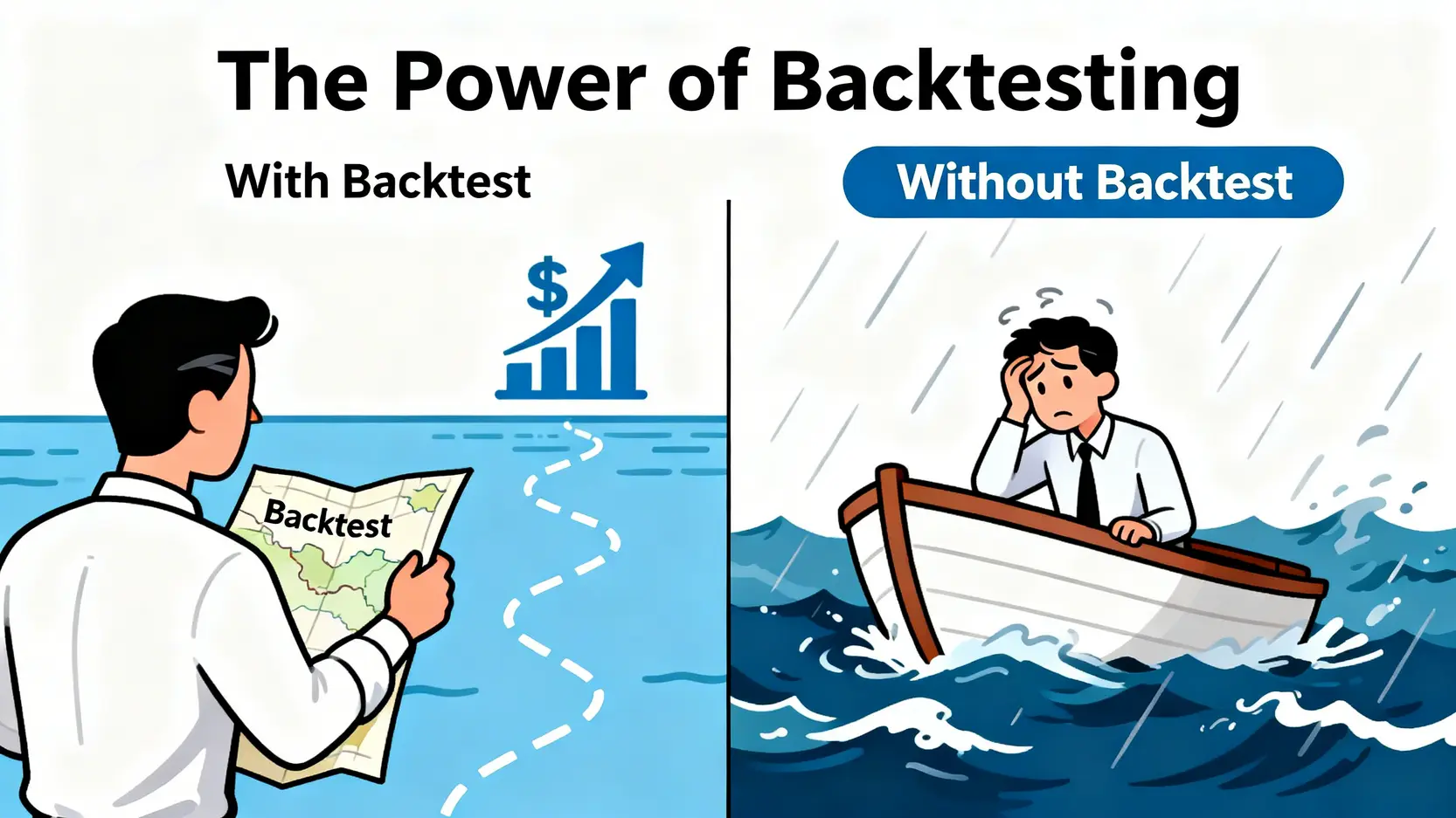 バックテストの重要性を示す比較イラスト。バックテストという地図を持つトレーダーは穏やかな海を進み、持たないトレーダーは嵐の海で迷っている。