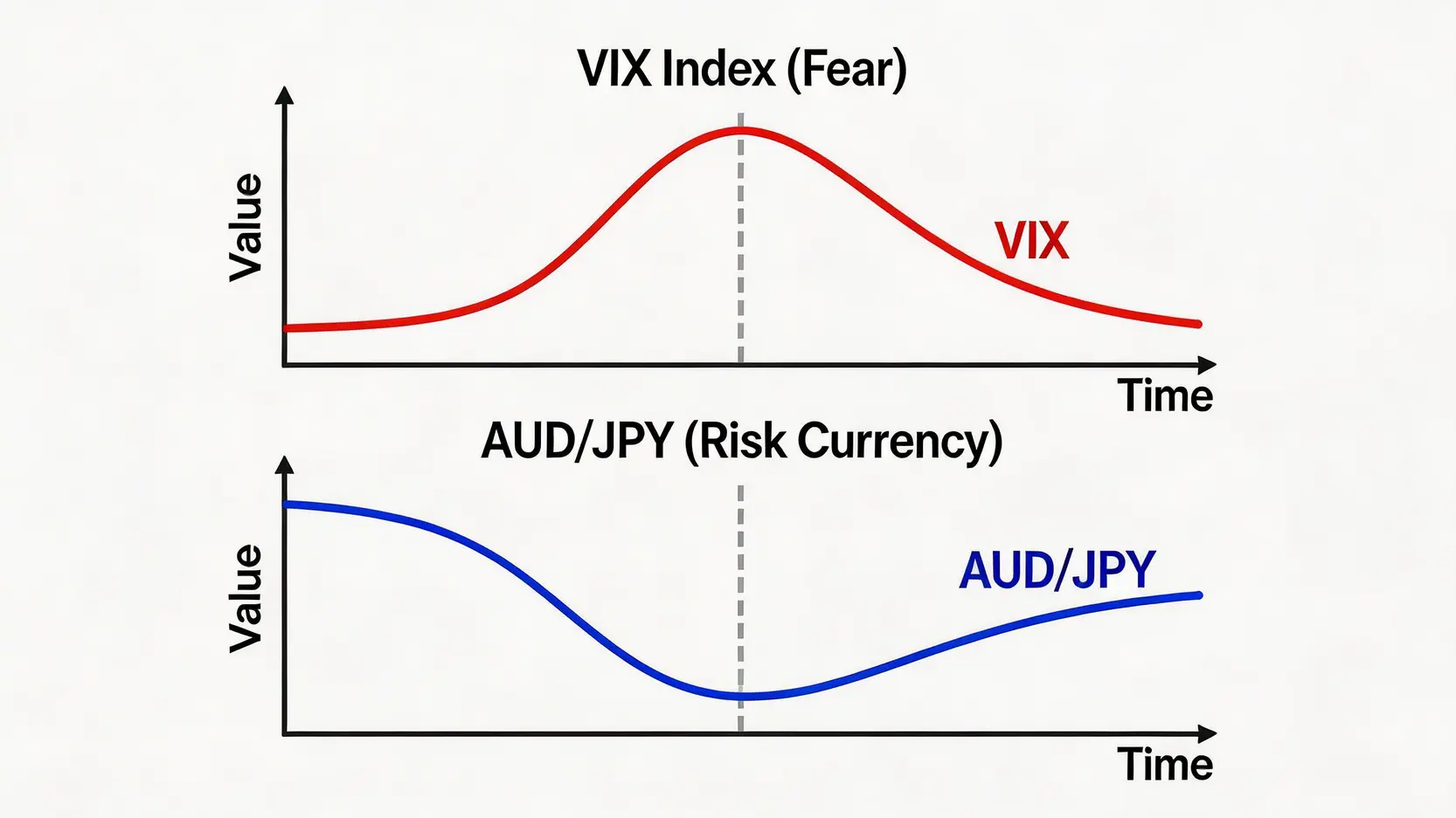 VIX恐怖指数と豪ドル/円通貨ペアの逆相関関係を示す図。