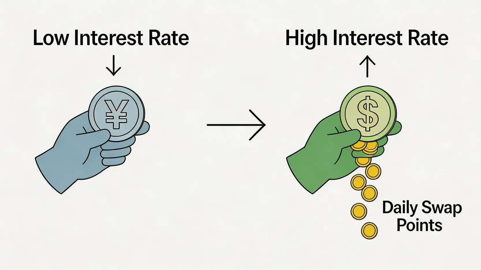 外為キャリートレードの仕組みを示す図。低金利の円を売り、高金利のメキシコペソを買うことで、日々のスワップポイントを稼ぐプロセスを説明しています。