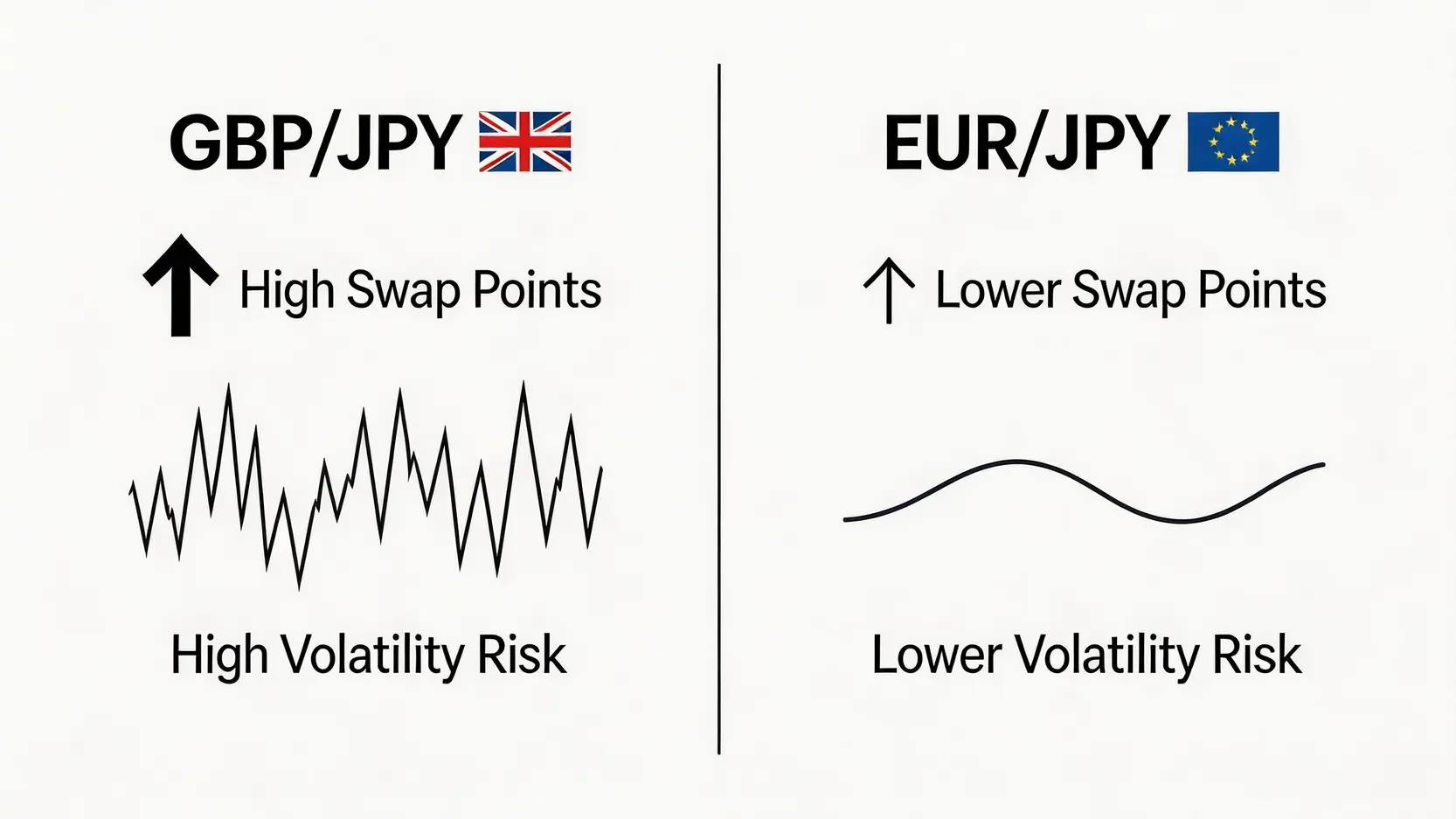 英ポンド/円とユーロ/円のキャリートレード特性を比較した図。それぞれのスワップポイントの高さと為替変動リスクを対比しています。