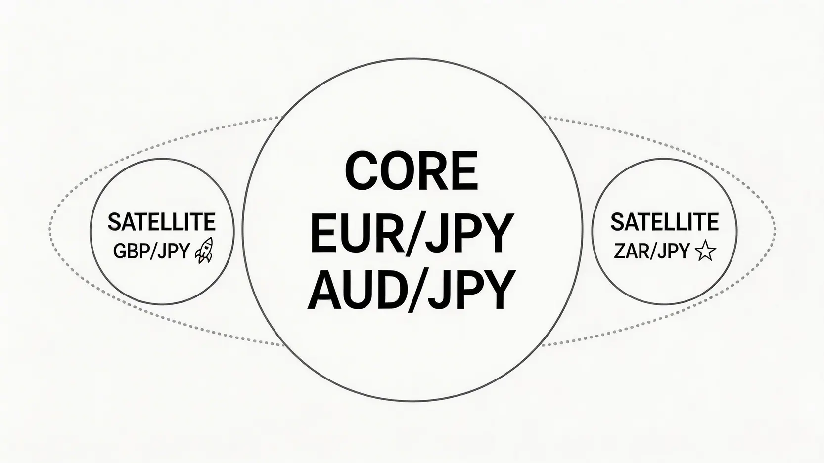 コア・サテライト戦略の概念図。安定したコア通貨ペア(例:ユーロ/円)とハイリスクなサテライト通貨ペア(例:英ポンド/円)を組み合わせてリスク分散を図る方法を示しています。