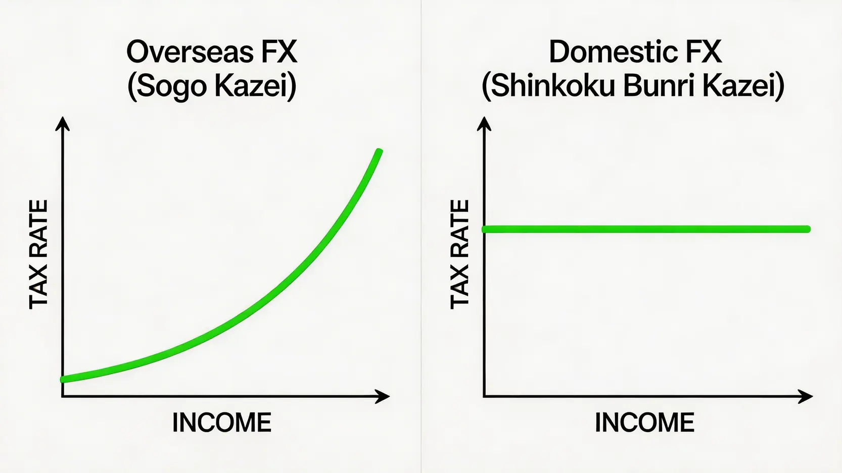 海外FXの総合課税(累進課税)と国内FXの申告分離課税(一律税率)の違いを示す比較図。