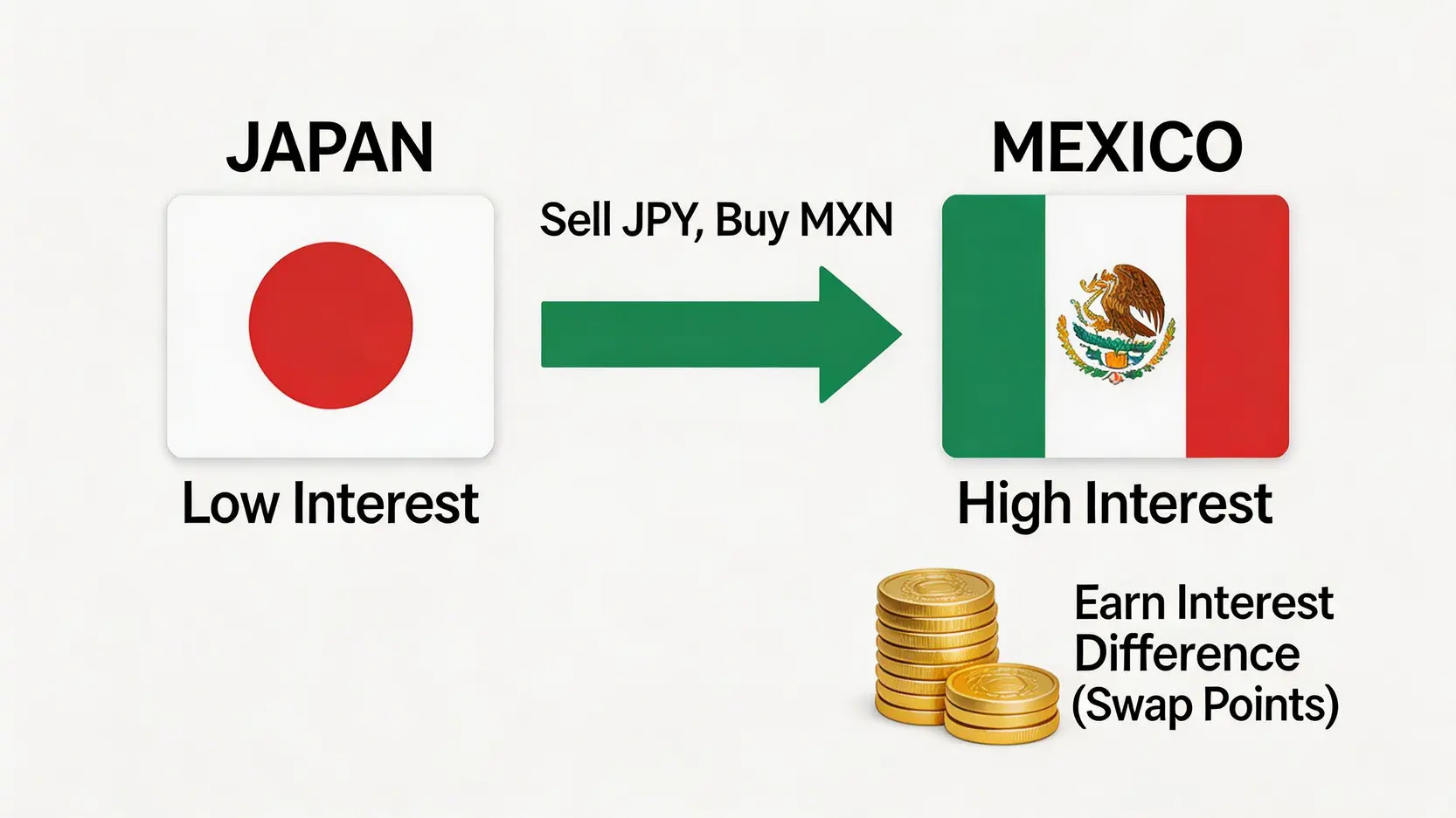 円とメキシコペソのキャリートレードの概念図。低金利の円を売り、高金利のペソを買うことで金利差を得るプロセスを示しています。