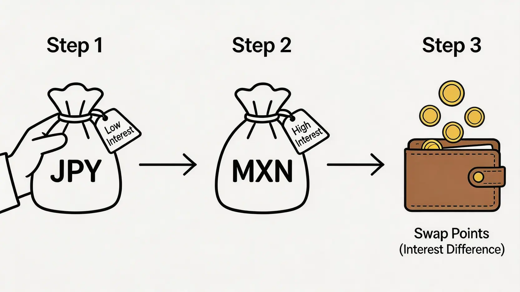 円キャリートレードの仕組みを示すフローチャート。低金利の円を借りて、高金利のメキシコペソを購入し、金利差(スワップポイント)を得るプロセスを説明しています。