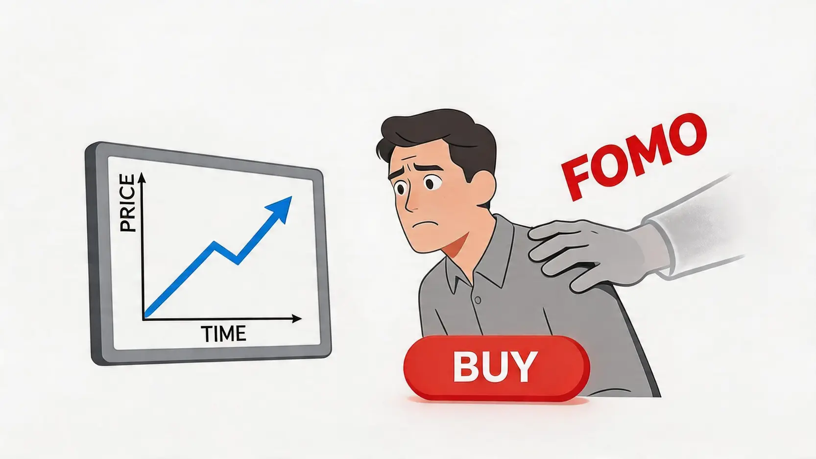FOMO（機会損失への恐怖）の心理的罠を示す図。価格急騰時にトレーダーが不安から取引を余儀なくされる様子が描かれています。