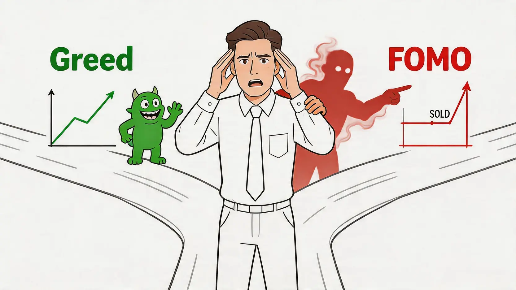 トレーダーが強欲（Greed）とFOMO（機会損失への恐れ）の間で葛藤する様子を示す図