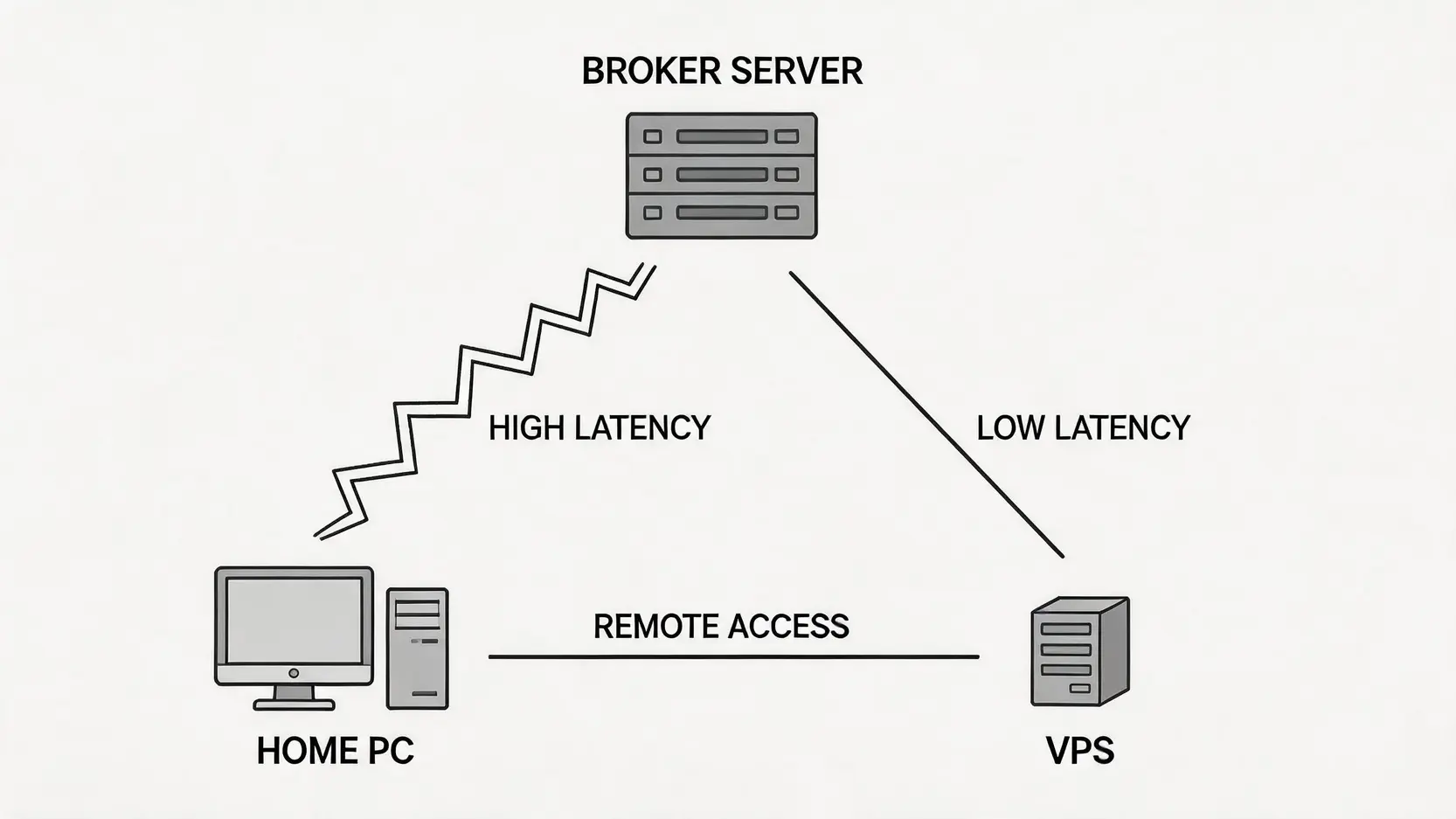 VPSを利用した取引と自宅PCからの直接取引の通信経路比較図。VPSを使うことでブローカーサーバーとの物理的距離が縮まり、通信遅延が大幅に削減される様子が示されている。