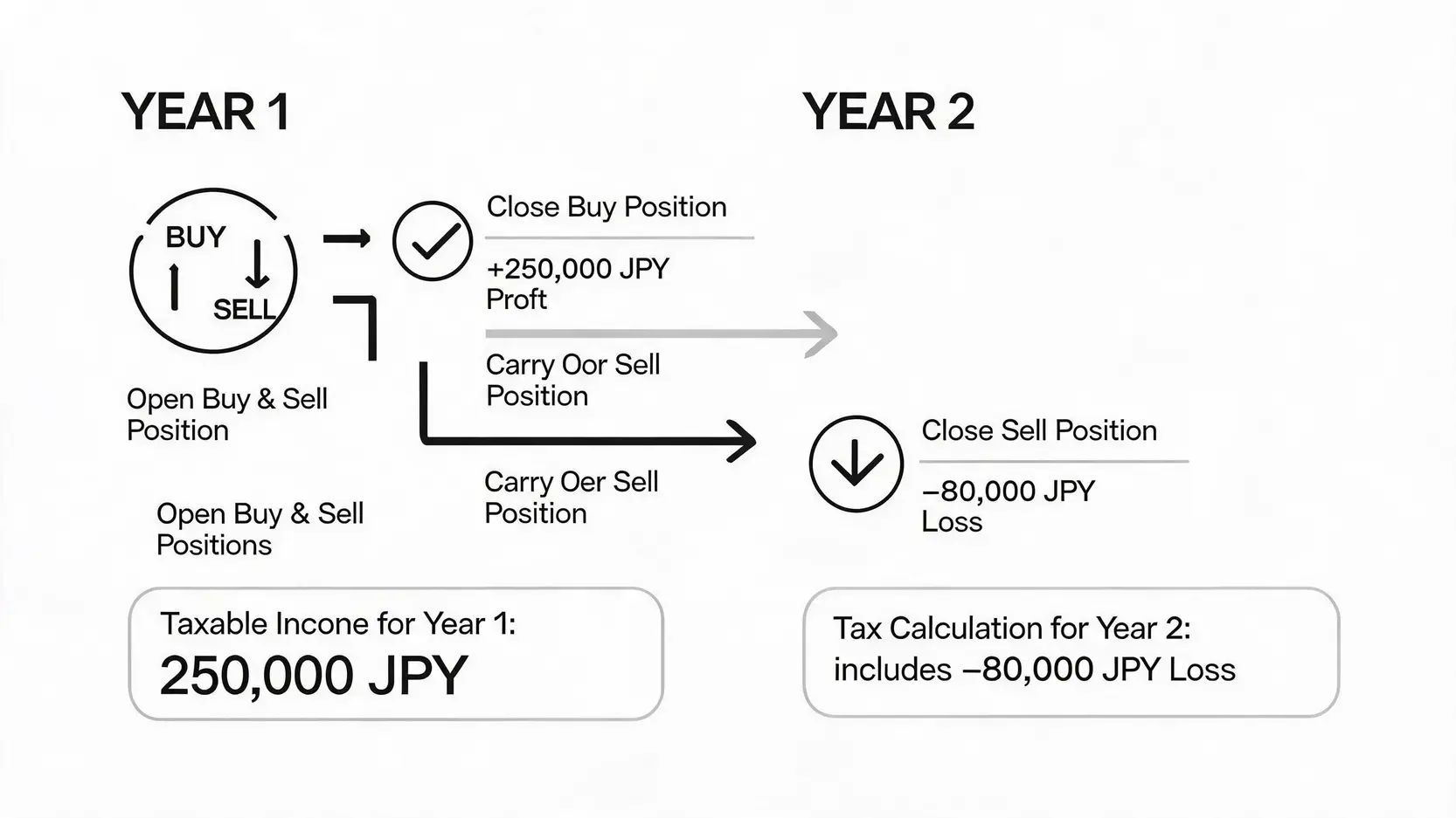 年をまたいで両建てポジションを決済した場合の税金計算の具体例を示したタイムライン図。