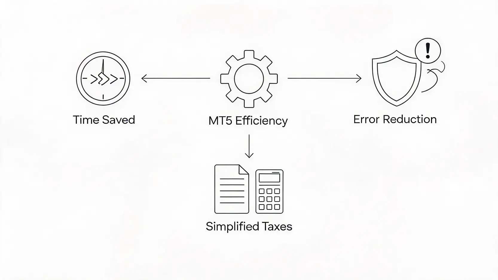 MT5の取引効率を高める3つの核心的な利点を示す図：時間の節約、人為的ミスの削減、税金計算の簡素化。