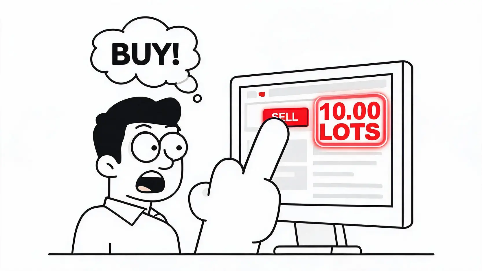 トレーダーが誤って大ロットで売り注文を出してしまった「ファットフィンガー」のイラスト。