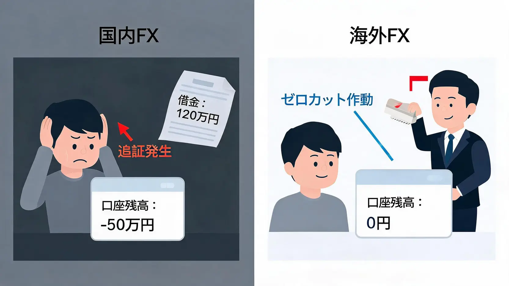 国内FXの追証と海外FXのゼロカットシステムの違いを比較するイラスト。
