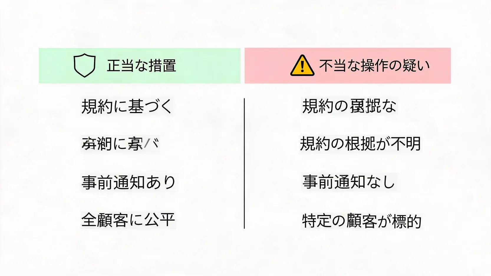 海外FX業者のレバレッジ制限が合法的か違法かを見分けるための比較図。左側に「正当な措置」の特徴(規約通り、事前通知あり)、右側に「不当な操作」の特徴(根拠なし、通知なし)がまとめられている。