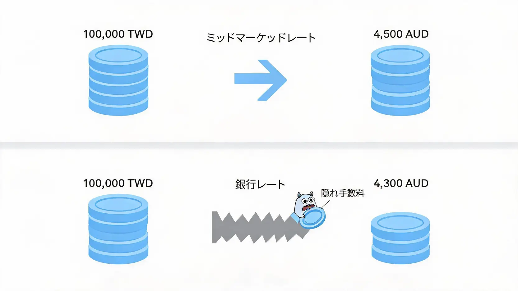 銀行レートとミッドマーケットレートの違いを示す比較図。銀行レートでは隠れ手数料により受け取り額が減る様子が描かれている。