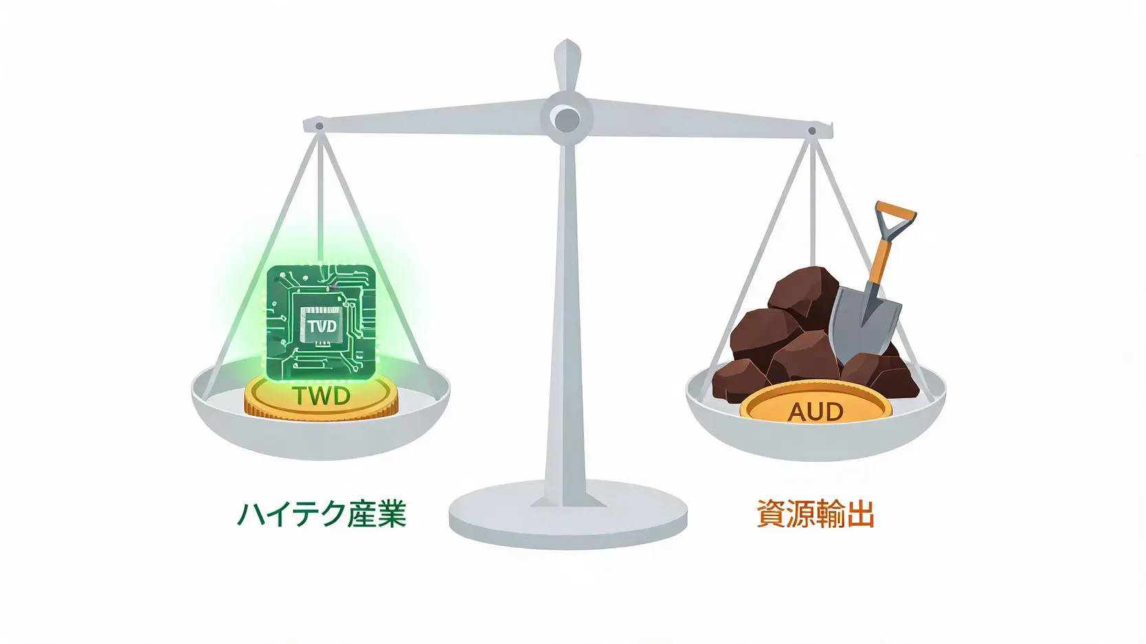 台湾ドルのハイテク産業と豪ドルの資源輸出経済を天秤で比較する概念図。