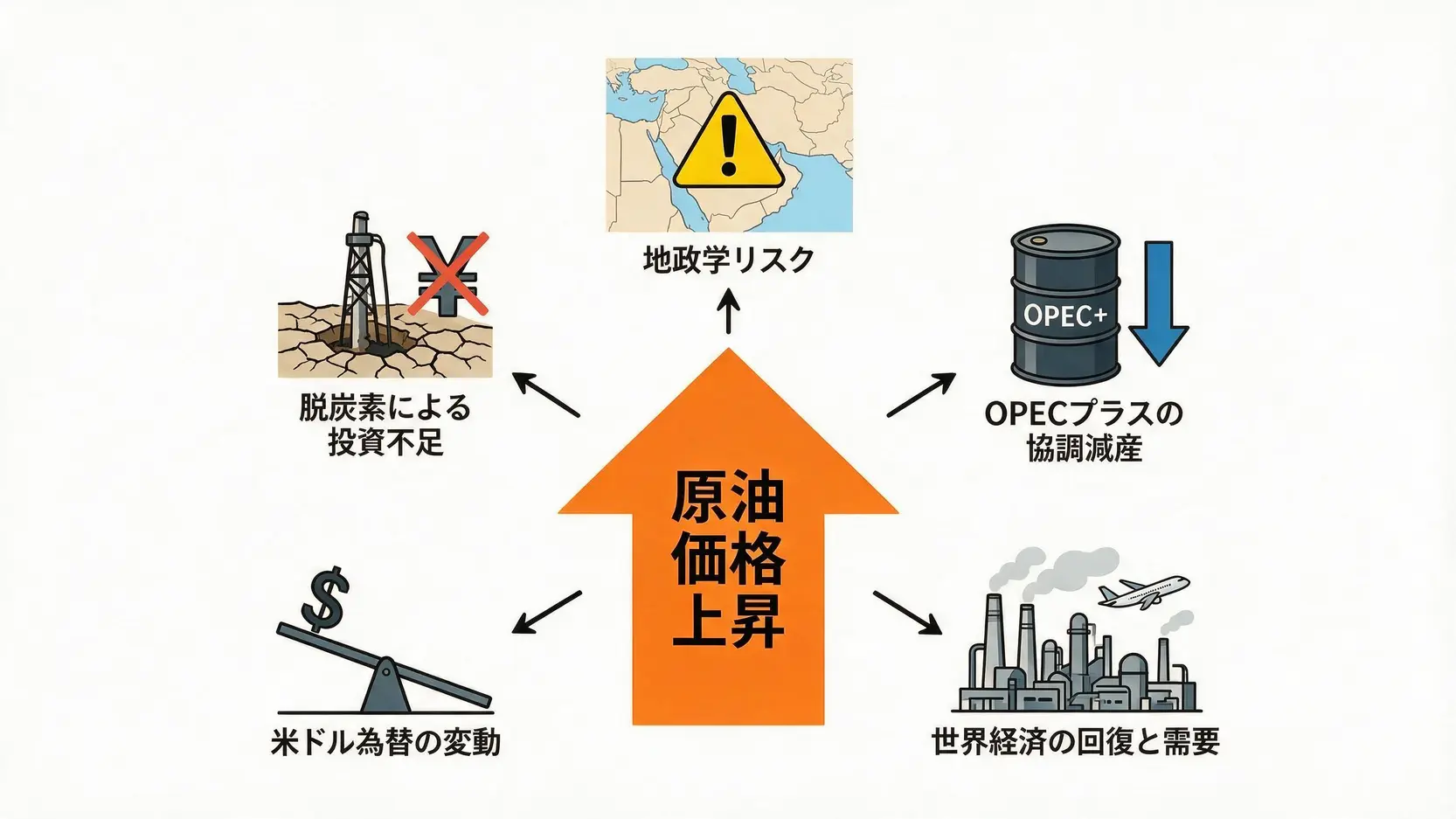 原油価格が上昇する5つの主要因を示すイラスト図解:地政学リスク、OPECプラスの減産、世界経済の回復、米ドル為替、投資不足。