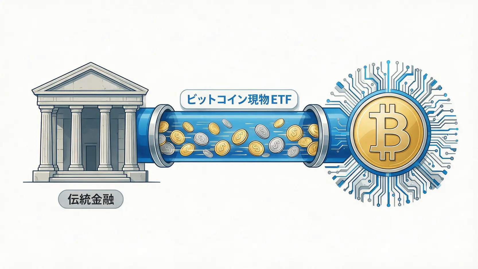 ビットコイン現物ETFを通じて機関投資家の資金が市場に流入する様子。
