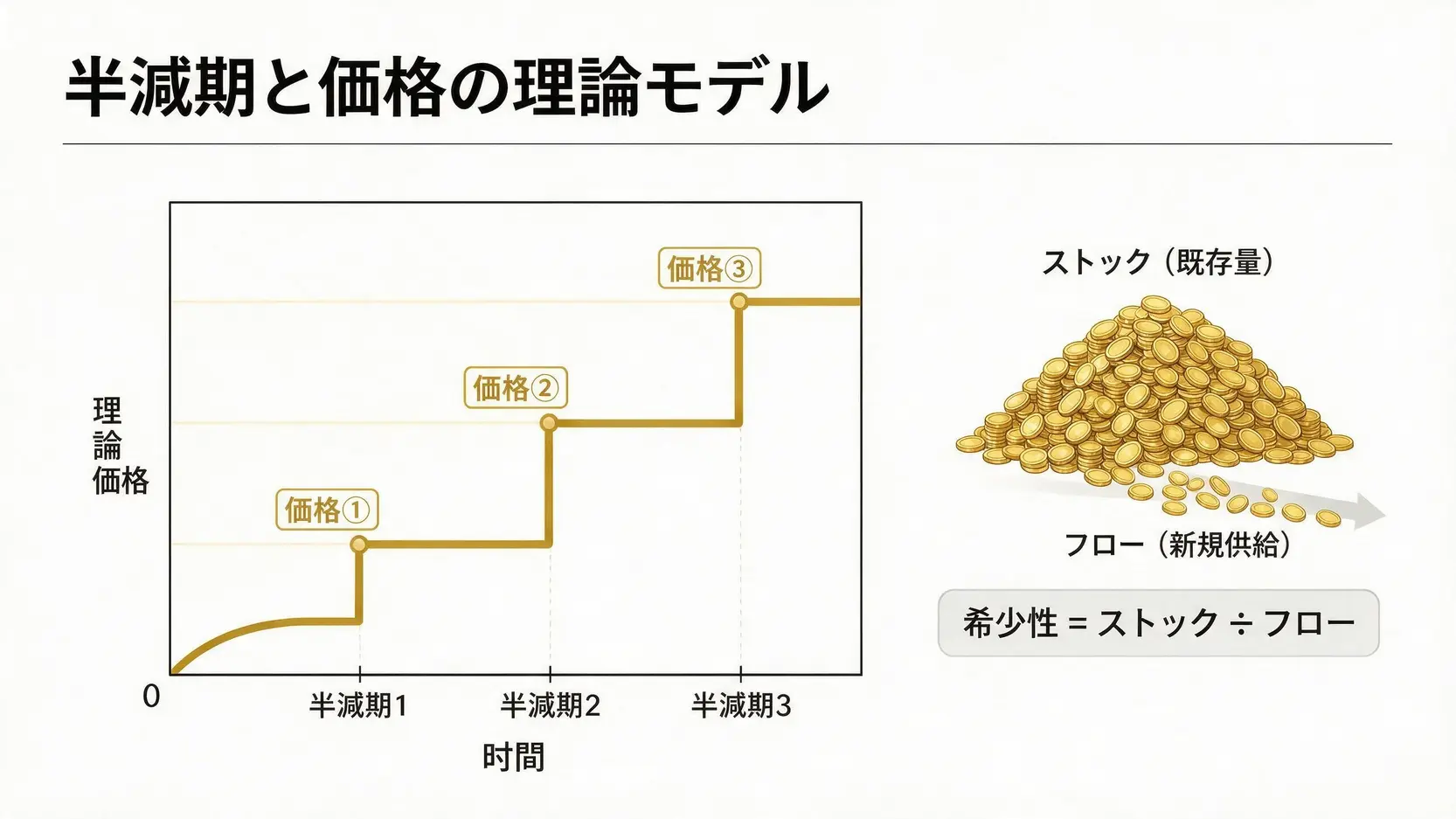ビットコインのストック・フローモデルと半減期による価格上昇の概念図。