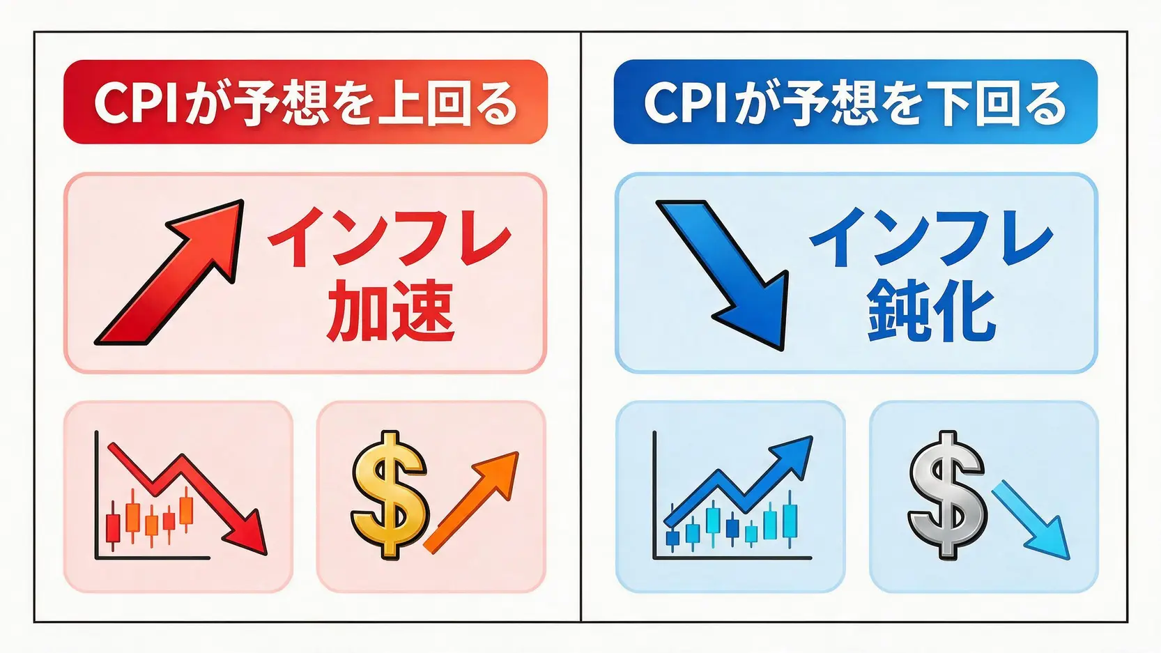 米国CPIの結果が市場予想を上回った場合と下回った場合の、株価と為替市場への影響を比較した図。