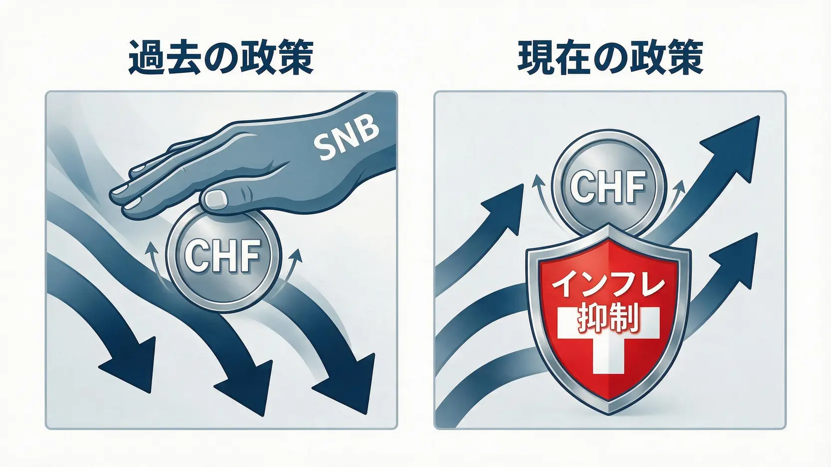スイス国立銀行のフラン高に対する政策転換を示す比較図。過去の抑制スタンスと現在の容認スタンスを対比。