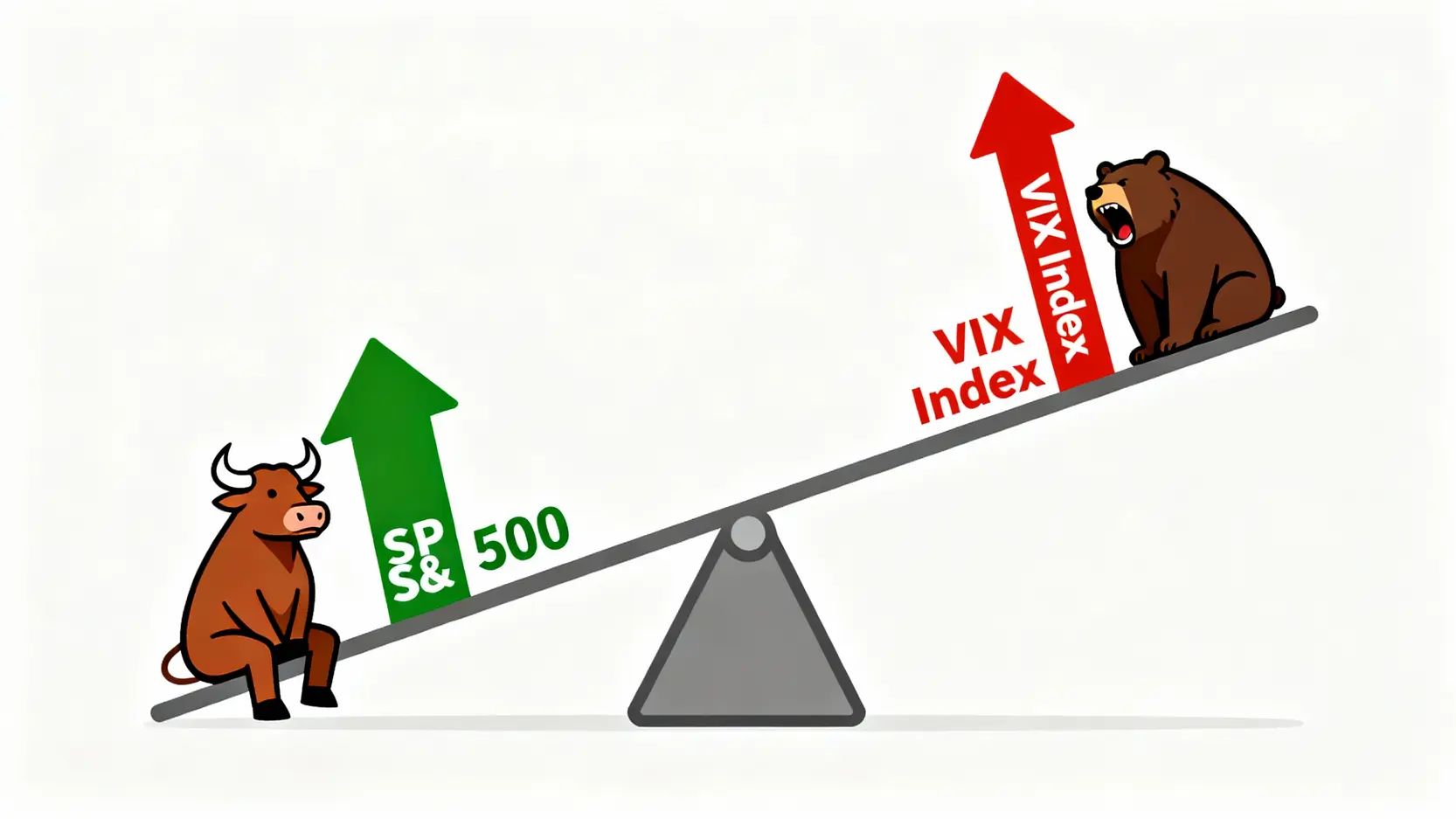 VIX恐慌指數與S&P 500指數的蹺蹺板關係圖，顯示股市上漲時VIX指數下跌。
