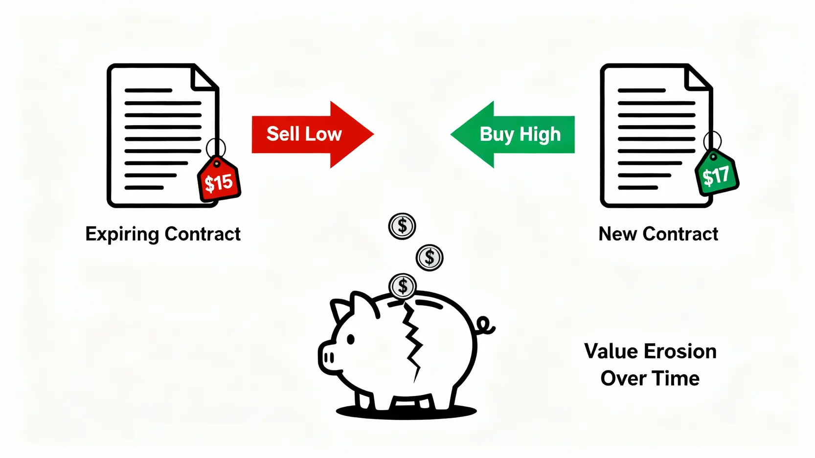 VIX ETF转仓成本（Contango）示意图，解释因低卖高买期货合约导致的价值侵蚀。