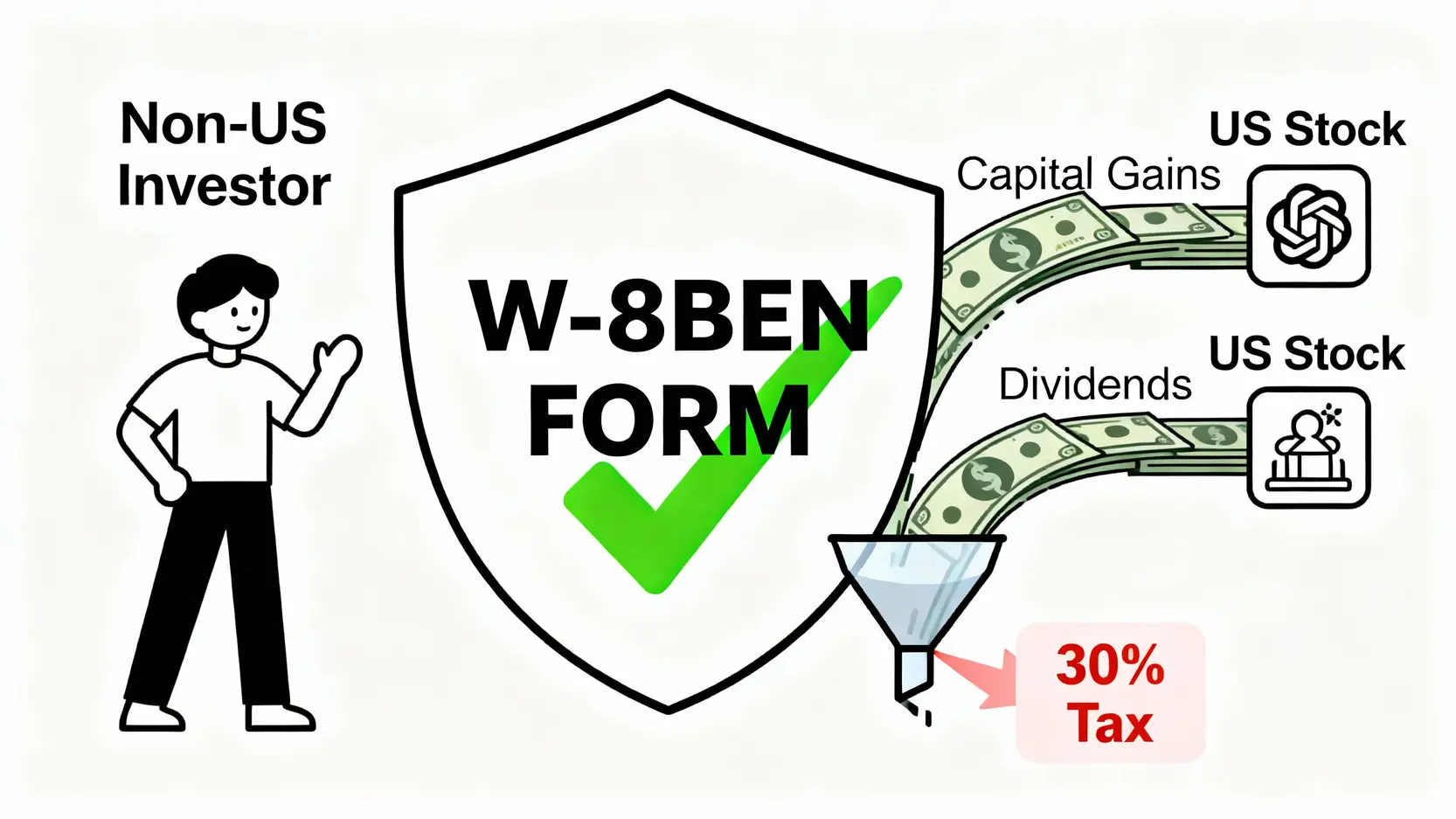 W-8BEN表格功能示意圖，顯示其如何豁免資本利得稅但仍需繳納30%的股息稅。