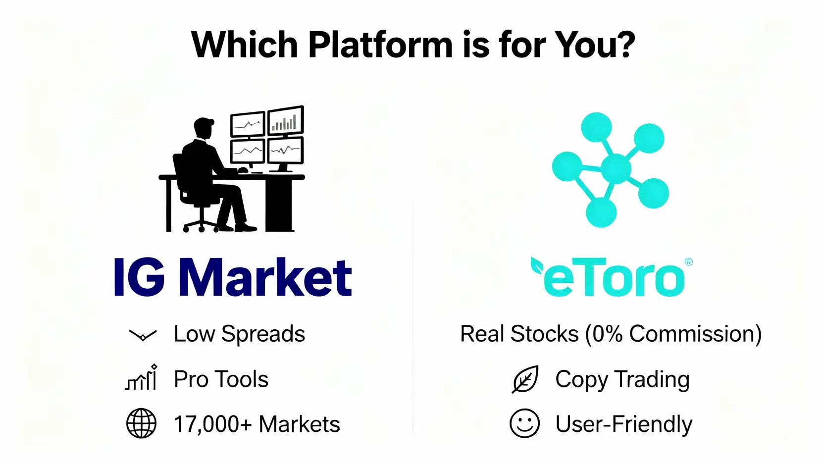 IG Market與eToro的理想用戶畫像對比，IG適合專業短線交易者，eToro適合長期價值投資者和新手。