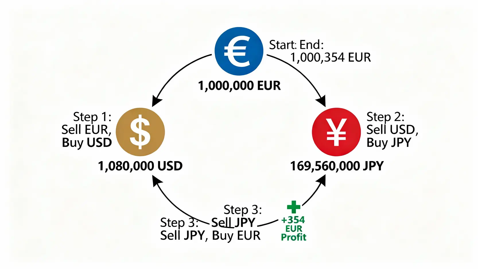 外匯三角套利流程圖，展示如何將歐元換成美元，再換成日元，最後換回歐元以賺取匯率差的利潤。