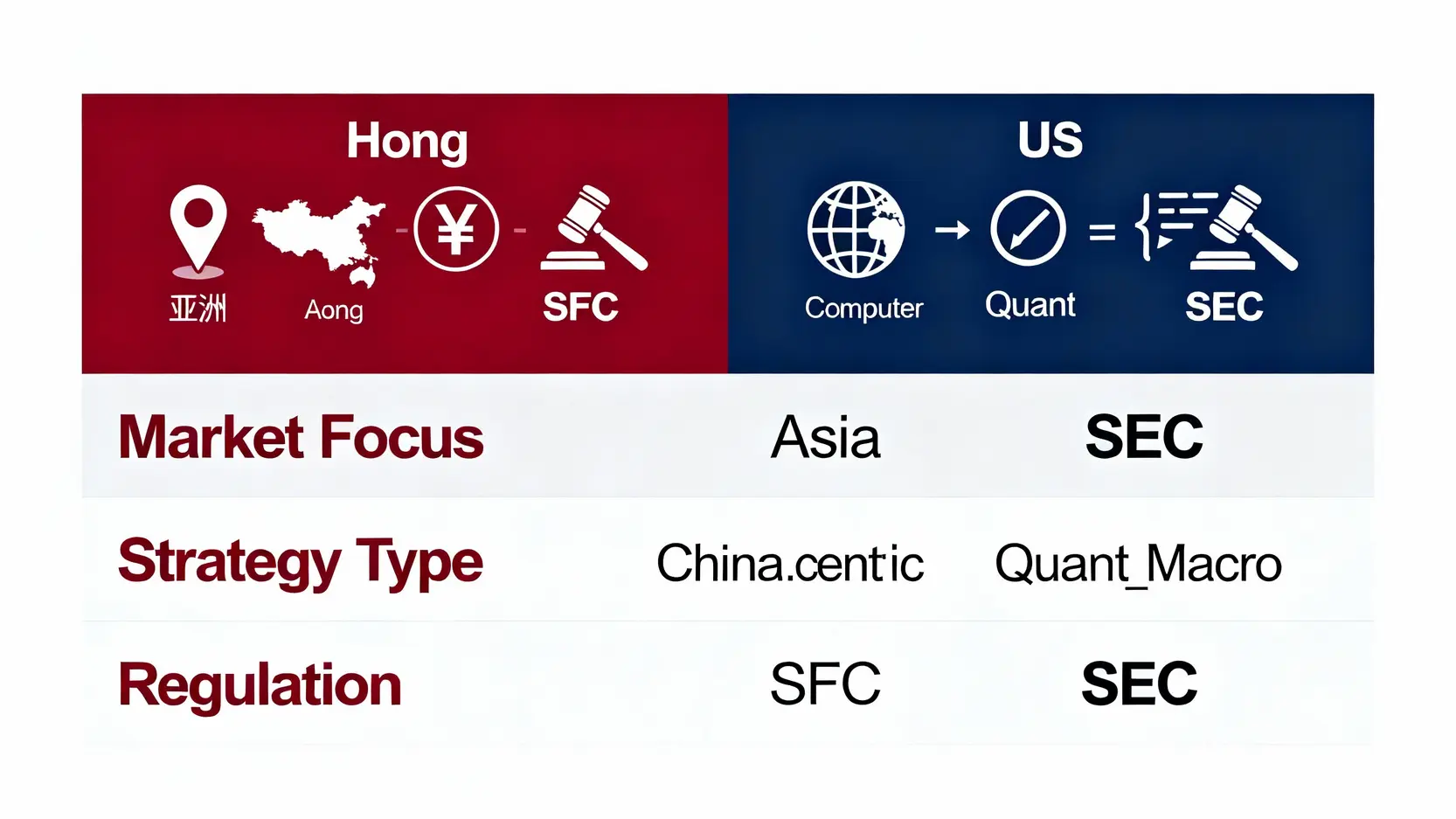 一张对比图，比较香港与美国对冲基金市场在市场焦点（亚洲 vs. 全球）、主流策略和监管机构（SFC vs. SEC）上的差异。