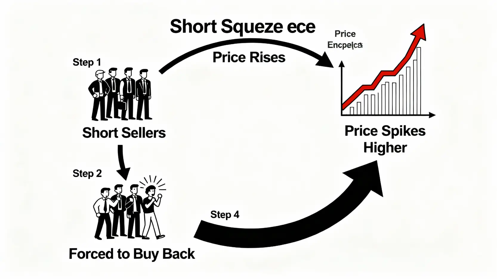 挾淡倉（Short Squeeze）概念圖，展示股價意外上漲迫使沽空者回補，從而形成買盤推高股價的惡性循環。